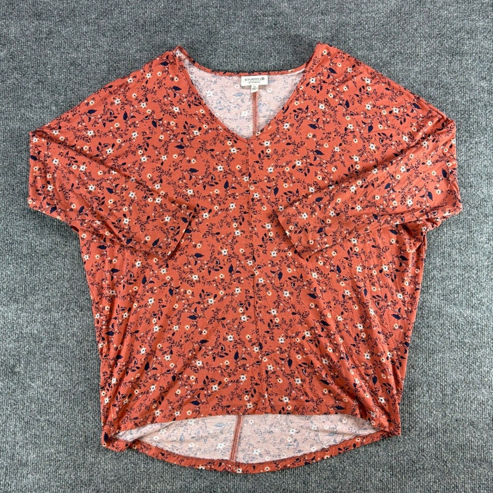 Studio B by Bobeau Womens 1X Rust Floral V-Neck Dolman Sleeve High Low Top